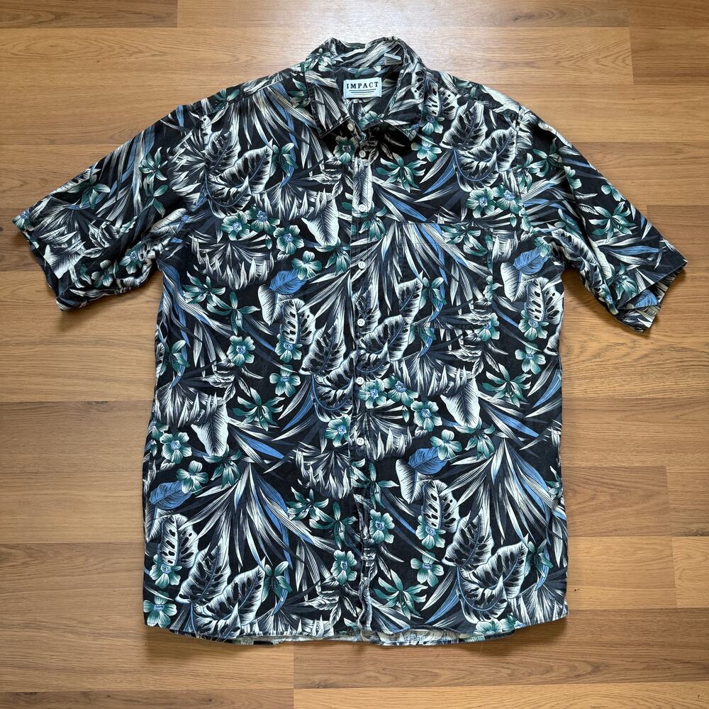 Men's Vintage 90's Impact Black Blue Floral Hawaiian Button Up Shirt Sz XL VTG